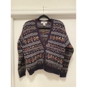 Vtg Fair Isle Button Front Cardigan Sweater Large Wool Blend Grandma Fisherman